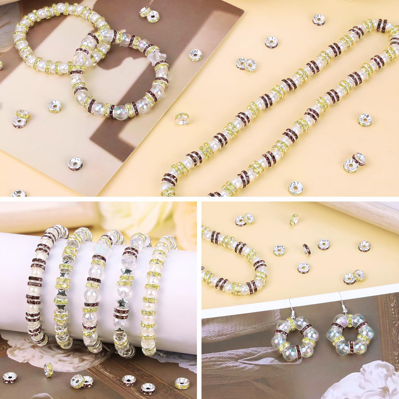 ZHIYUXI 200PCS Yellow Spacer Beads for Jewelry Making | 8mm Crystal Rhinestone Yellow Rondelle Spacers Beads for Bracelets Making