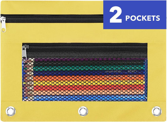 Pencil Pouch for 3 Ring Binder - 3 Hole Zipper Pen Case Bag Holder Bulk Accessories Clear Window Aesthetic Organizer Pockets