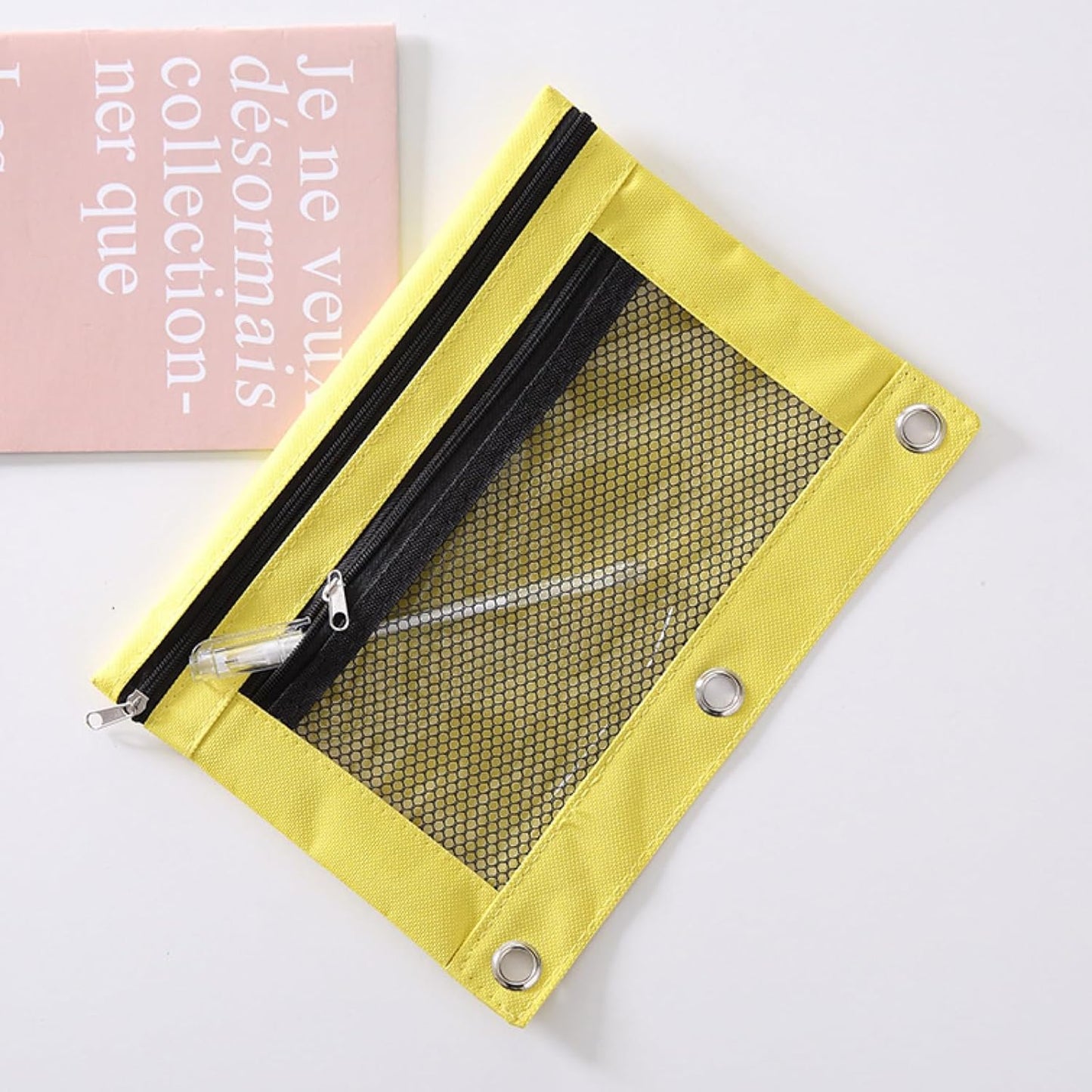 Pencil Pouch for 3 Ring Binder - 3 Hole Zipper Pen Case Bag Holder Bulk Accessories Clear Window Aesthetic Organizer Pockets