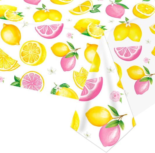 2Pcs Lemon Themed Plastic Tablecloths - 86.6 x 51.1 Inch Waterproof Pink Yellow Lemon Print Table Covers for Summer Fruit Birthday Baby Shower Lemonade Stand Party Decorations
