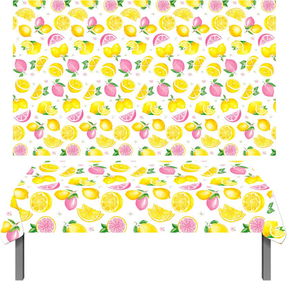 2Pcs Lemon Themed Plastic Tablecloths - 86.6 x 51.1 Inch Waterproof Pink Yellow Lemon Print Table Covers for Summer Fruit Birthday Baby Shower Lemonade Stand Party Decorations