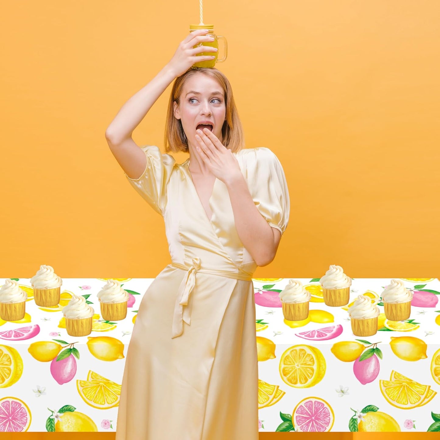 2Pcs Lemon Themed Plastic Tablecloths - 86.6 x 51.1 Inch Waterproof Pink Yellow Lemon Print Table Covers for Summer Fruit Birthday Baby Shower Lemonade Stand Party Decorations