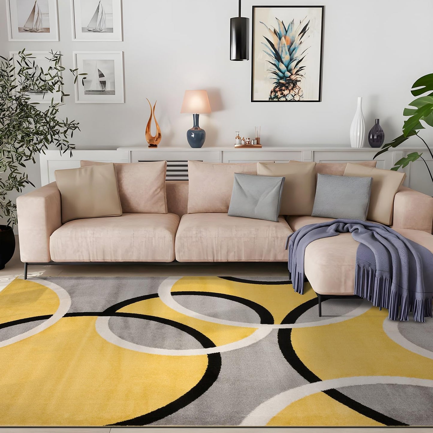 Contemporary Abstract Circles Area Rug, Fade-Resistant Carpet for Living Room, Bedroom, or Home Office, Yellow, 5'3" x 7'3"