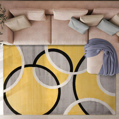 Contemporary Abstract Circles Area Rug, Fade-Resistant Carpet for Living Room, Bedroom, or Home Office, Yellow, 5'3" x 7'3"