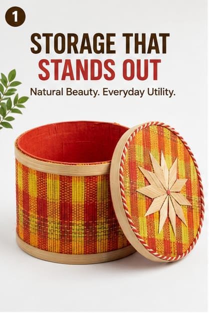 Handcrafted Bamboo Storage Box Dibba – 5 Inch Round Box with Lid, Star Design, Multicolor Woven Basket for Biskut, Jewelry, Trinket, Gift Hamper, Diwali, Christmas and Wedding Gift