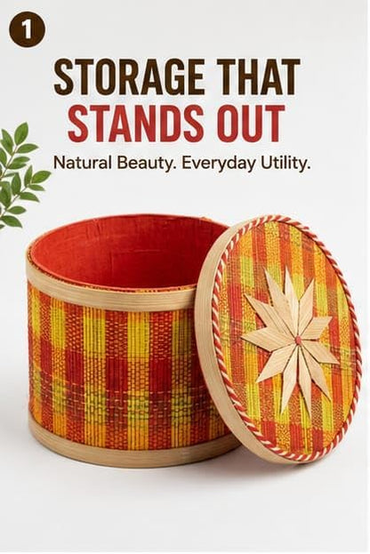 Handcrafted Bamboo Storage Box Dibba – 5 Inch Round Box with Lid, Star Design, Multicolor Woven Basket for Biskut, Jewelry, Trinket, Gift Hamper, Diwali, Christmas and Wedding Gift