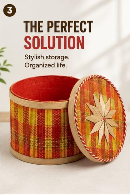 Handcrafted Bamboo Storage Box Dibba – 5 Inch Round Box with Lid, Star Design, Multicolor Woven Basket for Biskut, Jewelry, Trinket, Gift Hamper, Diwali, Christmas and Wedding Gift