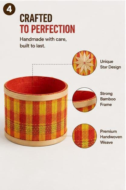 Handcrafted Bamboo Storage Box Dibba – 5 Inch Round Box with Lid, Star Design, Multicolor Woven Basket for Biskut, Jewelry, Trinket, Gift Hamper, Diwali, Christmas and Wedding Gift