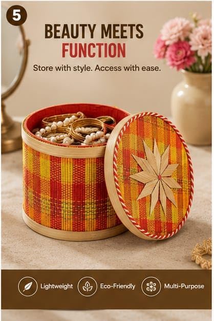 Handcrafted Bamboo Storage Box Dibba – 5 Inch Round Box with Lid, Star Design, Multicolor Woven Basket for Biskut, Jewelry, Trinket, Gift Hamper, Diwali, Christmas and Wedding Gift