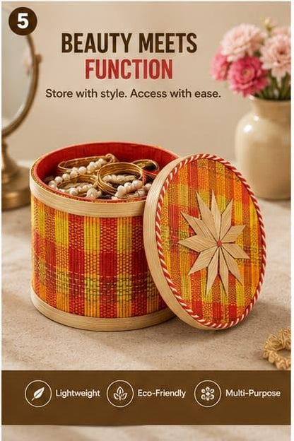 Handcrafted Bamboo Storage Box Dibba – 5 Inch Round Box with Lid, Star Design, Multicolor Woven Basket for Biskut, Jewelry, Trinket, Gift Hamper, Diwali, Christmas and Wedding Gift