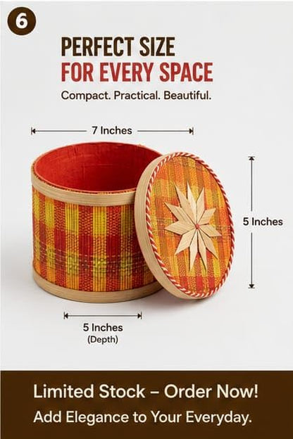 Handcrafted Bamboo Storage Box Dibba – 5 Inch Round Box with Lid, Star Design, Multicolor Woven Basket for Biskut, Jewelry, Trinket, Gift Hamper, Diwali, Christmas and Wedding Gift