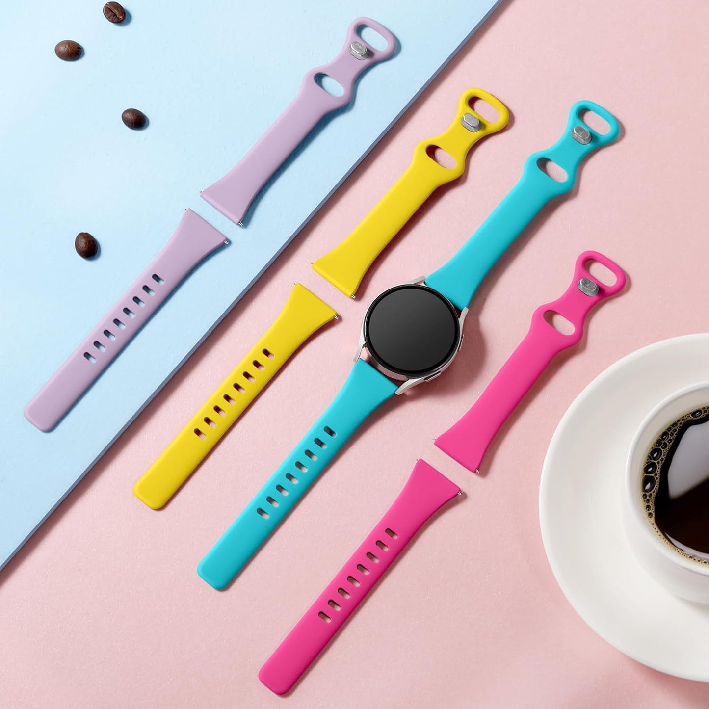 Compatible with Samsung Galaxy Watch 7 6 5 4 Band 40mm 44mm/Galaxy Watch 4 6 Classic 42mm 46mm 43mm 47mm,20mm Soft Slim Silicone for Samsung Watch 4 Bands Women Large Rose/Teal/Lavender/Yellow