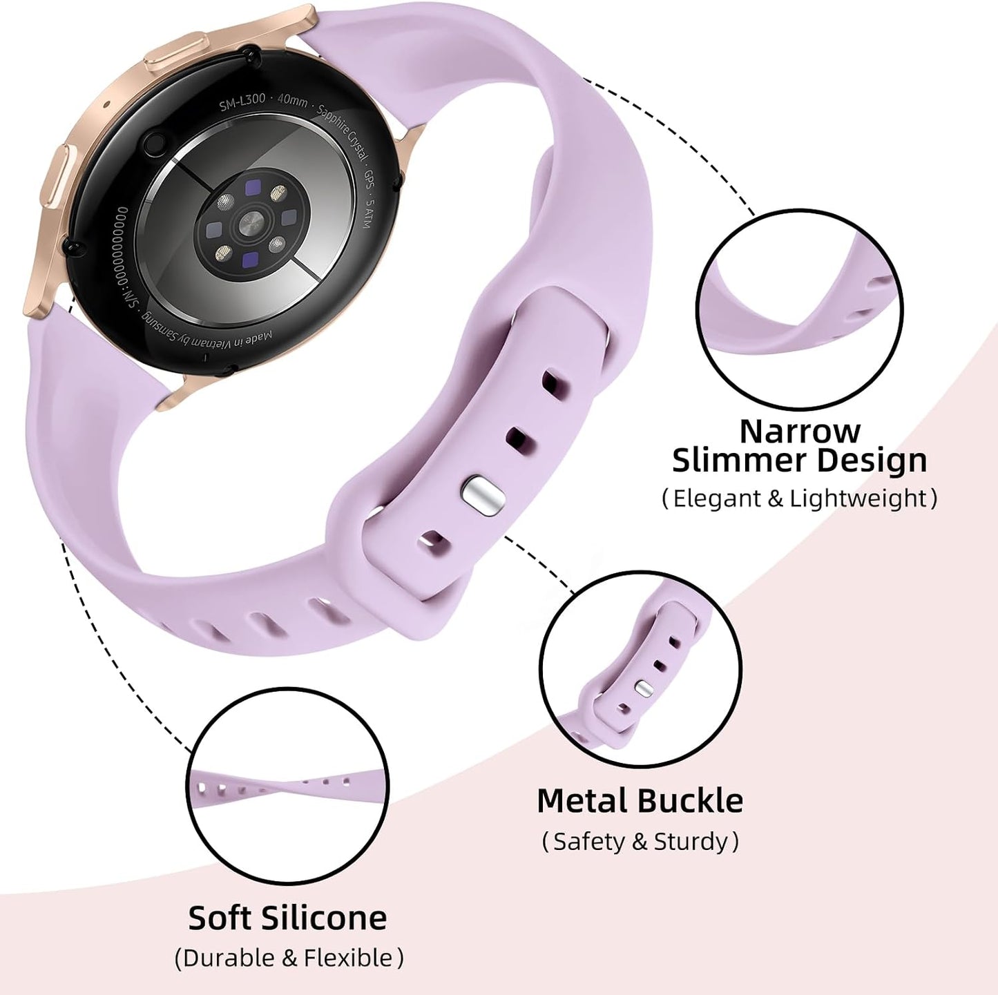 Compatible with Samsung Galaxy Watch 7 6 5 4 Band 40mm 44mm/Galaxy Watch 4 6 Classic 42mm 46mm 43mm 47mm,20mm Soft Slim Silicone for Samsung Watch 4 Bands Women Large Rose/Teal/Lavender/Yellow