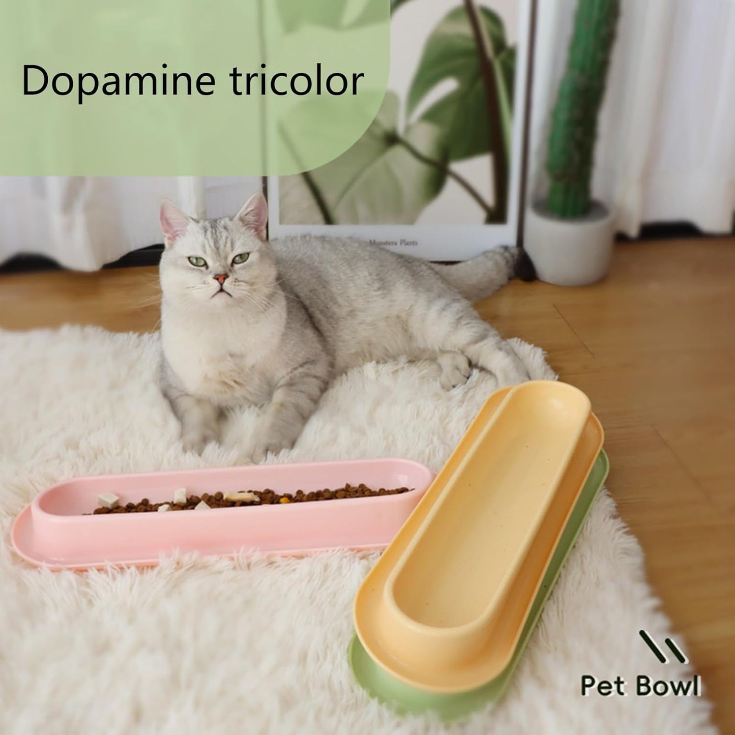 3Pc Cats Feeding Dish Long Multiple Dining Bowl with Skidproof Bottom Cats Food Plate for Water & Food, Easily Wash, Yellow