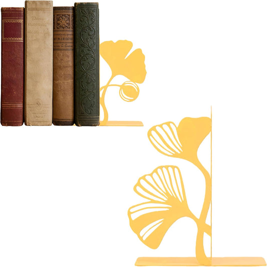 Ginkgo Leaf Metal Bookends, Yellow Botanical Plant Decorative Book Ends for Bookshelf, Cute Unique Bookends for Reading Room Kitchen Office Bathroom Living Room, Bookend Home Decor
