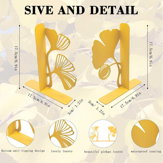 Ginkgo Leaf Metal Bookends, Yellow Botanical Plant Decorative Book Ends for Bookshelf, Cute Unique Bookends for Reading Room Kitchen Office Bathroom Living Room, Bookend Home Decor