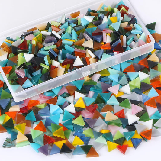 Flat Glass Mosaic Tiles, 550 Pcs Stained Glass Mosaic, Triangle Mixed Color Flat Gems for Home Decoration DIY Crafts with Storage Box