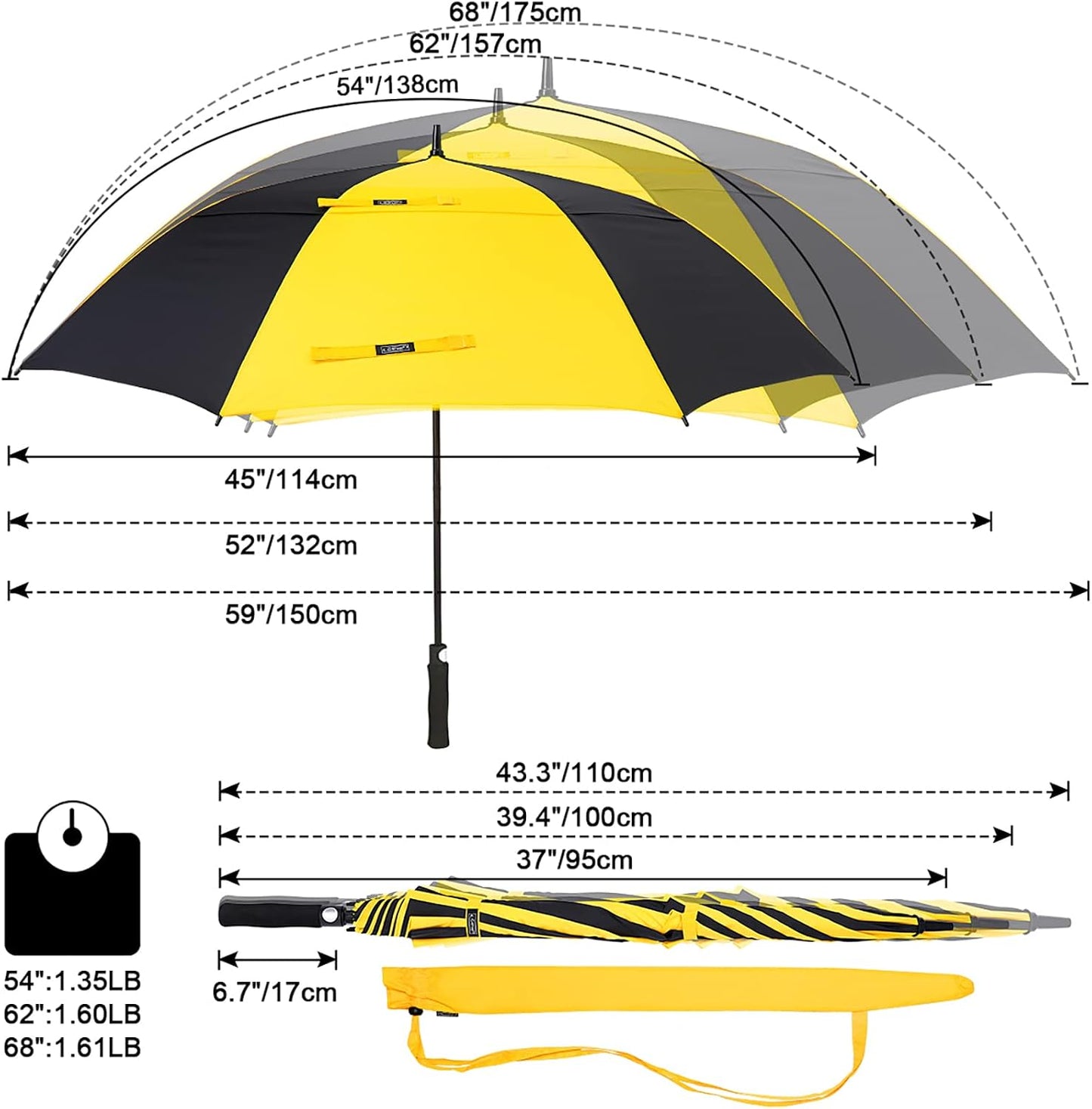 47/54/62/68/72 Inch Golf Umbrella Windproof Auto Open Large Umbrella | Oversized Stick Umbrella, Extra Large, Vented Double Canopy, Waterproof 210T Pongee Fabric, Fiberglass Frame, EVA Foam Handle