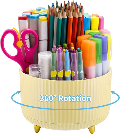 Desk Organizer, 360-Degree Rotating Pen Holder, Desk Organizers and Accessories with 5 Compartments Pencil Holder, Art Supply Storage Box Caddy for Office, Home (Yellow)