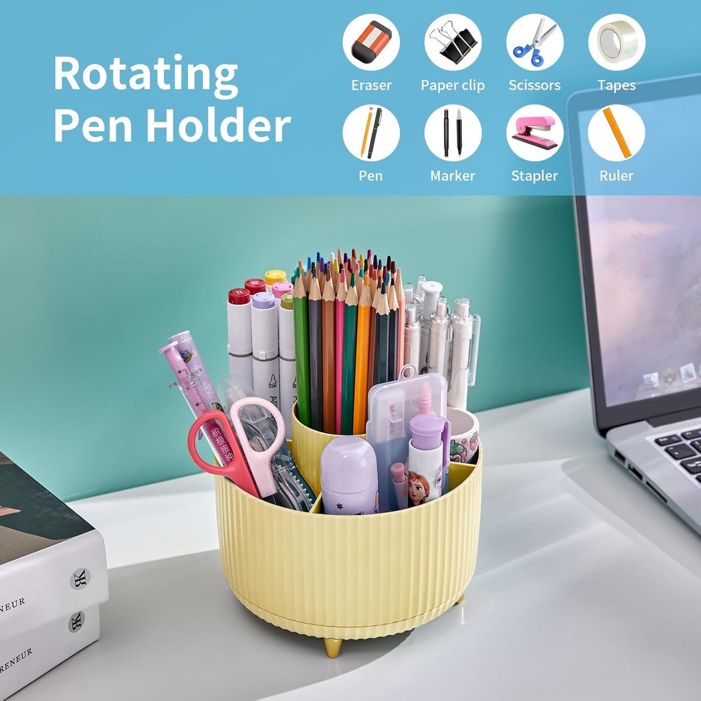 Desk Organizer, 360-Degree Rotating Pen Holder, Desk Organizers and Accessories with 5 Compartments Pencil Holder, Art Supply Storage Box Caddy for Office, Home (Yellow)