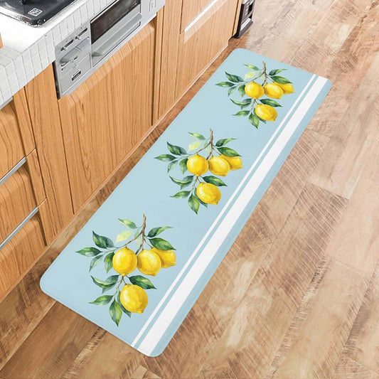 Anti-Fatigue Kitchen Mats Standing Rugs Set of 1 Watercolor Yellow Lemon Leaves Non-Slip Area Runner Floor Doormat Summer Fruit on Light Blue Washable Cushioned Carpet for Bedroom Bathroom Decor