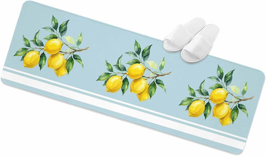 Anti-Fatigue Kitchen Mats Standing Rugs Set of 1 Watercolor Yellow Lemon Leaves Non-Slip Area Runner Floor Doormat Summer Fruit on Light Blue Washable Cushioned Carpet for Bedroom Bathroom Decor