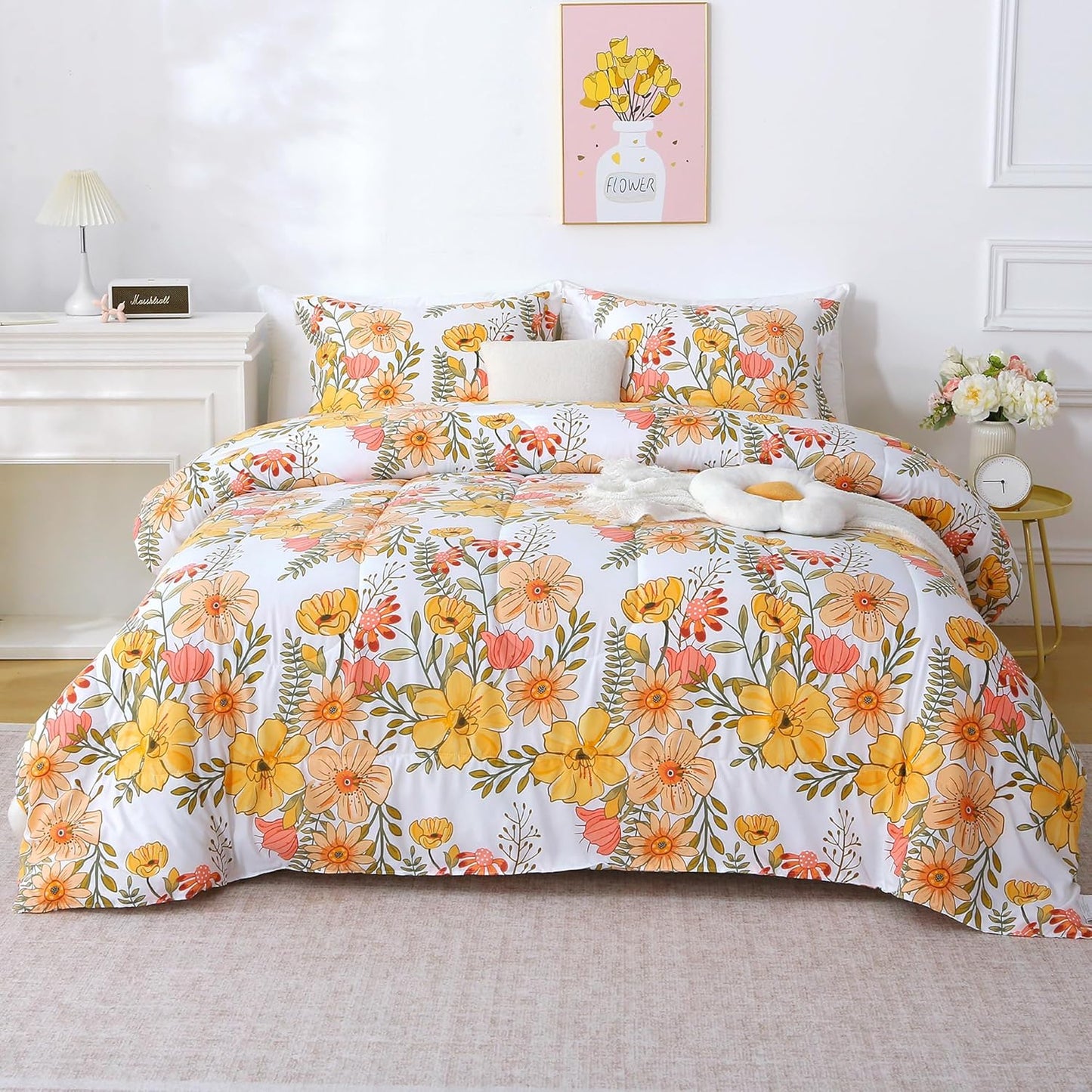 Floral Duvet Cover Full Size, 2 Piece Pink & Yellow Flower Patterned Duvet Cover Set with Zipper Closure, Soft & Breathable Microfiber Bedding Set with 4 Corner Ties and 2 Pillow Shams
