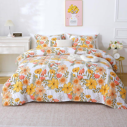 Floral Duvet Cover Full Size, 2 Piece Pink & Yellow Flower Patterned Duvet Cover Set with Zipper Closure, Soft & Breathable Microfiber Bedding Set with 4 Corner Ties and 2 Pillow Shams