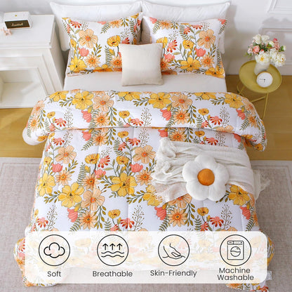 Floral Duvet Cover Full Size, 2 Piece Pink & Yellow Flower Patterned Duvet Cover Set with Zipper Closure, Soft & Breathable Microfiber Bedding Set with 4 Corner Ties and 2 Pillow Shams