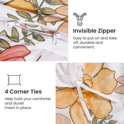 Floral Duvet Cover Full Size, 2 Piece Pink & Yellow Flower Patterned Duvet Cover Set with Zipper Closure, Soft & Breathable Microfiber Bedding Set with 4 Corner Ties and 2 Pillow Shams