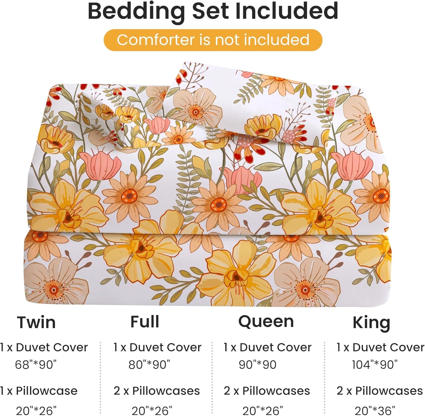 Floral Duvet Cover Full Size, 2 Piece Pink & Yellow Flower Patterned Duvet Cover Set with Zipper Closure, Soft & Breathable Microfiber Bedding Set with 4 Corner Ties and 2 Pillow Shams