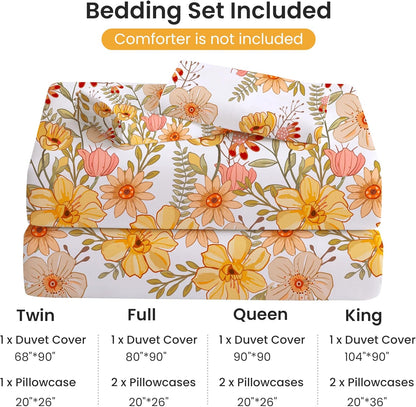 Floral Duvet Cover Full Size, 2 Piece Pink & Yellow Flower Patterned Duvet Cover Set with Zipper Closure, Soft & Breathable Microfiber Bedding Set with 4 Corner Ties and 2 Pillow Shams