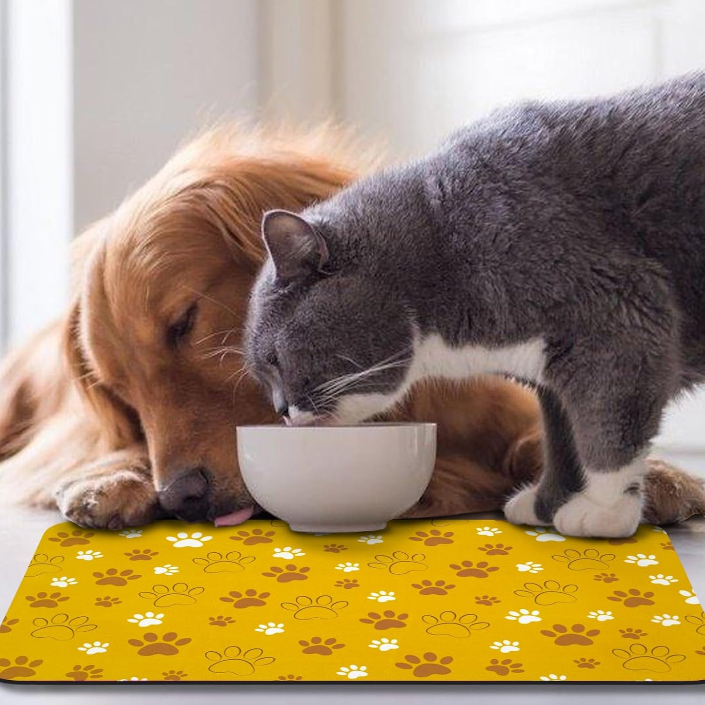 Dog Food Mat, Absorbent Water Bowl Mats Cat Pet Feeding Placemats Yellow 20 * 12 inch