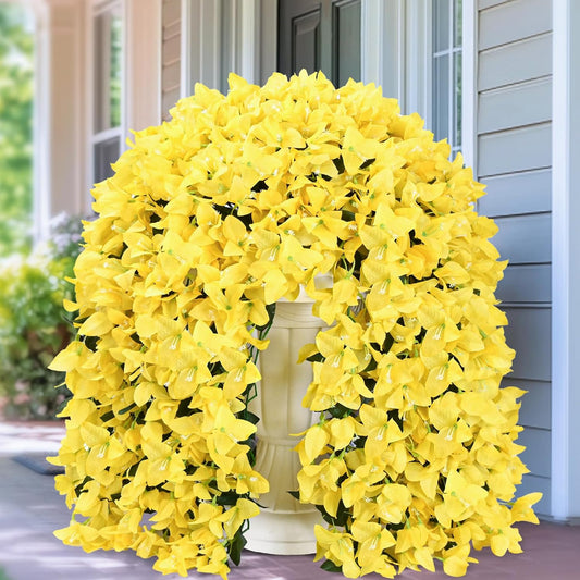 2 Pcs Artificial Flowers Fake Hanging Plants for Outdoors Decor | Yellow Realistic UV Resistant Silk Bougainvillea Faux Flowers for Porch, Patio, Window Box, Balcony Basket, Pot Decoration
