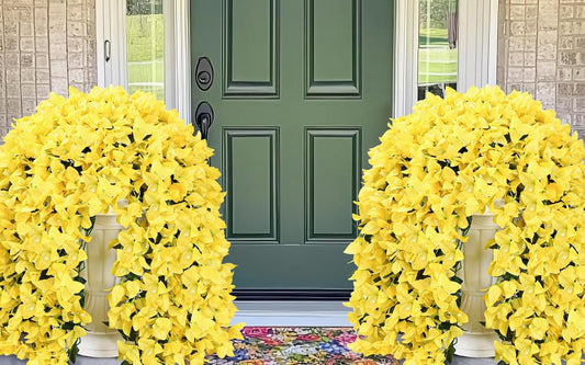 2 Pcs Artificial Flowers Fake Hanging Plants for Outdoors Decor | Yellow Realistic UV Resistant Silk Bougainvillea Faux Flowers for Porch, Patio, Window Box, Balcony Basket, Pot Decoration