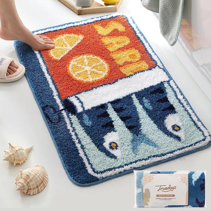Sardine Can Bath Mat, Blue Bathroom Rugs for Bedroom, Soft Washable Rug Non Slip Cute Kitchen Bath Mats for Bathroom Funny Cartoon Fish and Lemon