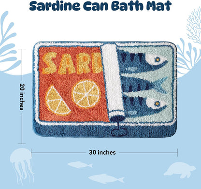 Sardine Can Bath Mat, Blue Bathroom Rugs for Bedroom, Soft Washable Rug Non Slip Cute Kitchen Bath Mats for Bathroom Funny Cartoon Fish and Lemon