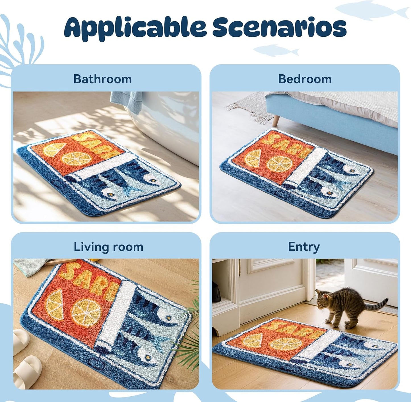 Sardine Can Bath Mat, Blue Bathroom Rugs for Bedroom, Soft Washable Rug Non Slip Cute Kitchen Bath Mats for Bathroom Funny Cartoon Fish and Lemon