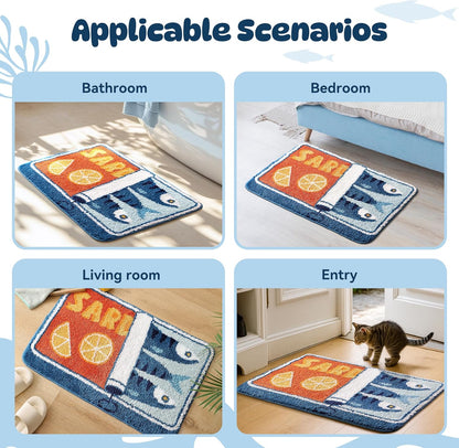Sardine Can Bath Mat, Blue Bathroom Rugs for Bedroom, Soft Washable Rug Non Slip Cute Kitchen Bath Mats for Bathroom Funny Cartoon Fish and Lemon