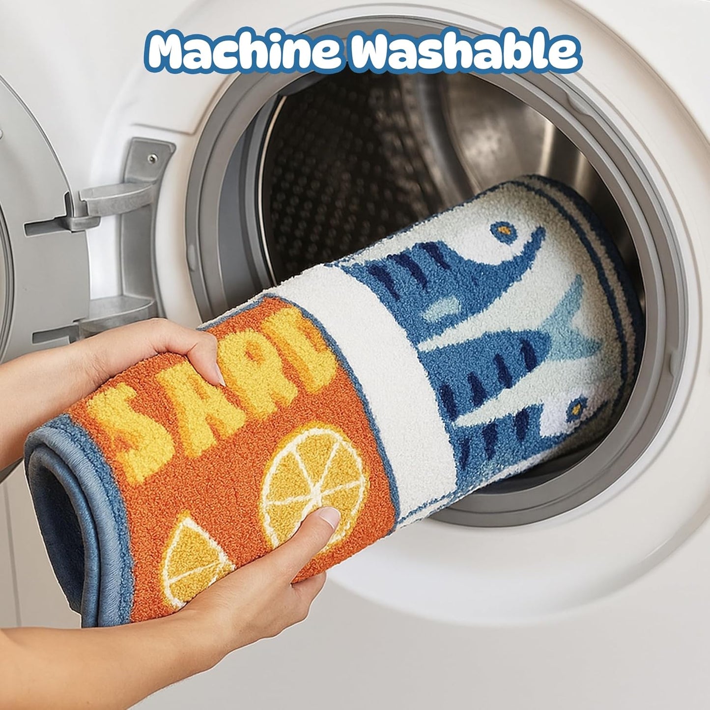 Sardine Can Bath Mat, Blue Bathroom Rugs for Bedroom, Soft Washable Rug Non Slip Cute Kitchen Bath Mats for Bathroom Funny Cartoon Fish and Lemon