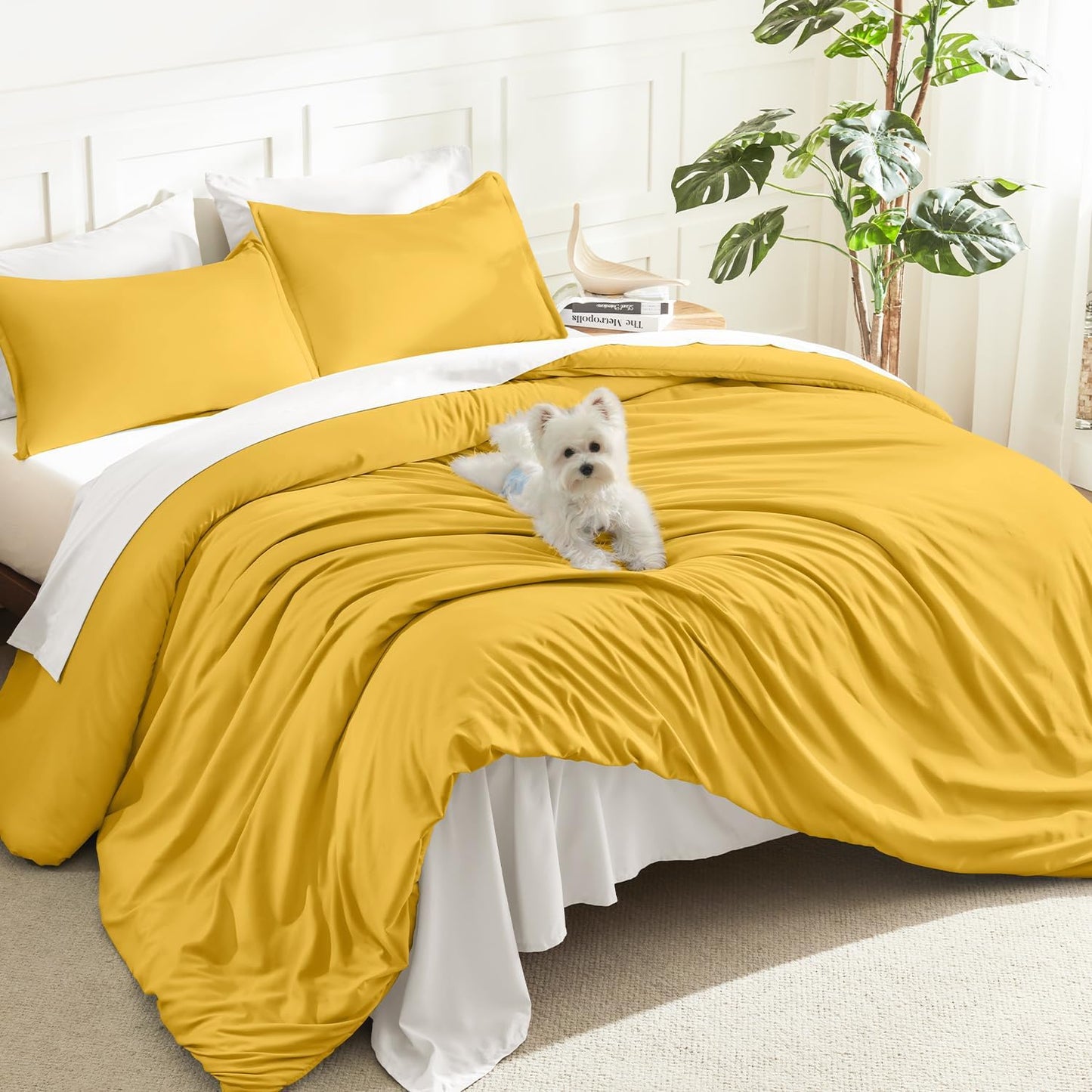 Mustard Yellow Comforter Set Full Size, 3 Pieces Lightweight Solid Bedding Comforter Set, All Season Fluffy Bed Set (79x90In Comforter & 2 Pillowcases)