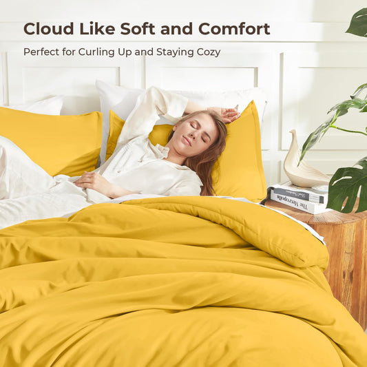Mustard Yellow Comforter Set Full Size, 3 Pieces Lightweight Solid Bedding Comforter Set, All Season Fluffy Bed Set (79x90In Comforter & 2 Pillowcases)