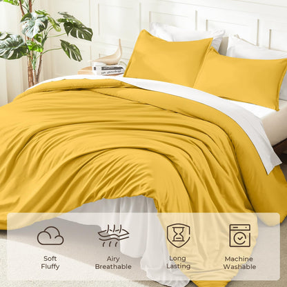 Mustard Yellow Comforter Set Full Size, 3 Pieces Lightweight Solid Bedding Comforter Set, All Season Fluffy Bed Set (79x90In Comforter & 2 Pillowcases)