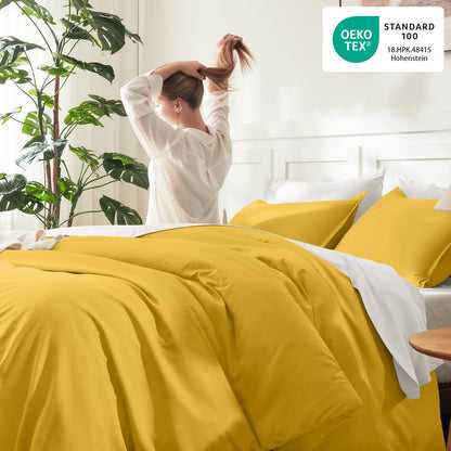 Mustard Yellow Comforter Set Full Size, 3 Pieces Lightweight Solid Bedding Comforter Set, All Season Fluffy Bed Set (79x90In Comforter & 2 Pillowcases)