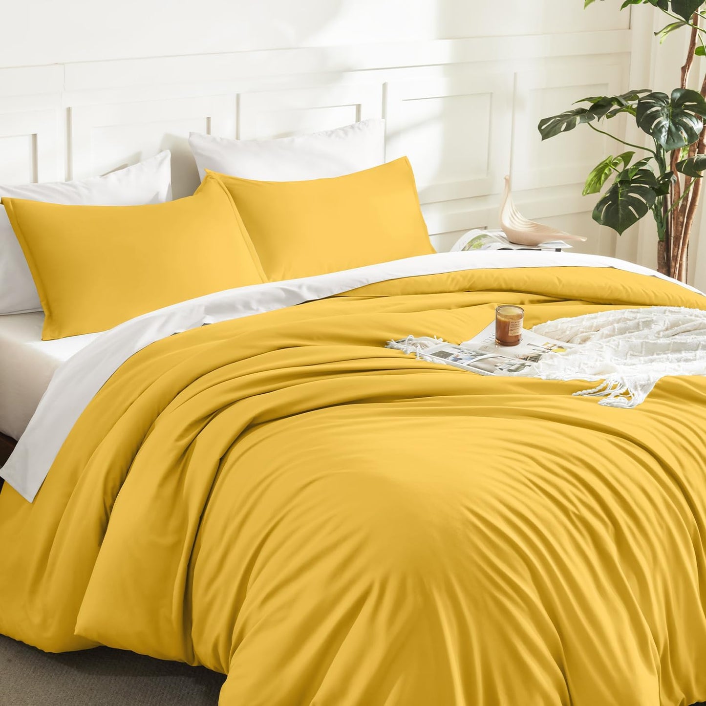 Mustard Yellow Comforter Set Full Size, 3 Pieces Lightweight Solid Bedding Comforter Set, All Season Fluffy Bed Set (79x90In Comforter & 2 Pillowcases)
