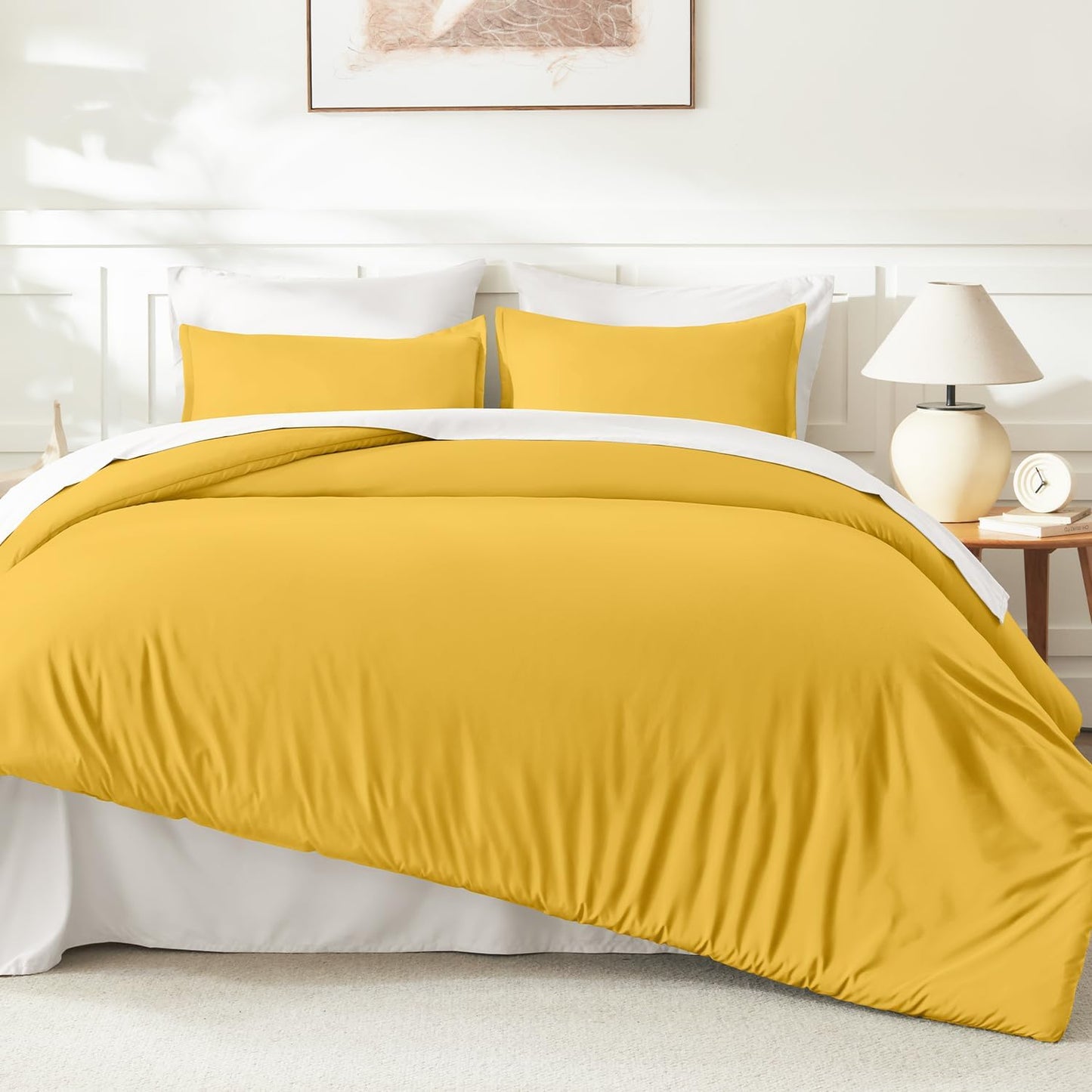 Mustard Yellow Comforter Set Full Size, 3 Pieces Lightweight Solid Bedding Comforter Set, All Season Fluffy Bed Set (79x90In Comforter & 2 Pillowcases)
