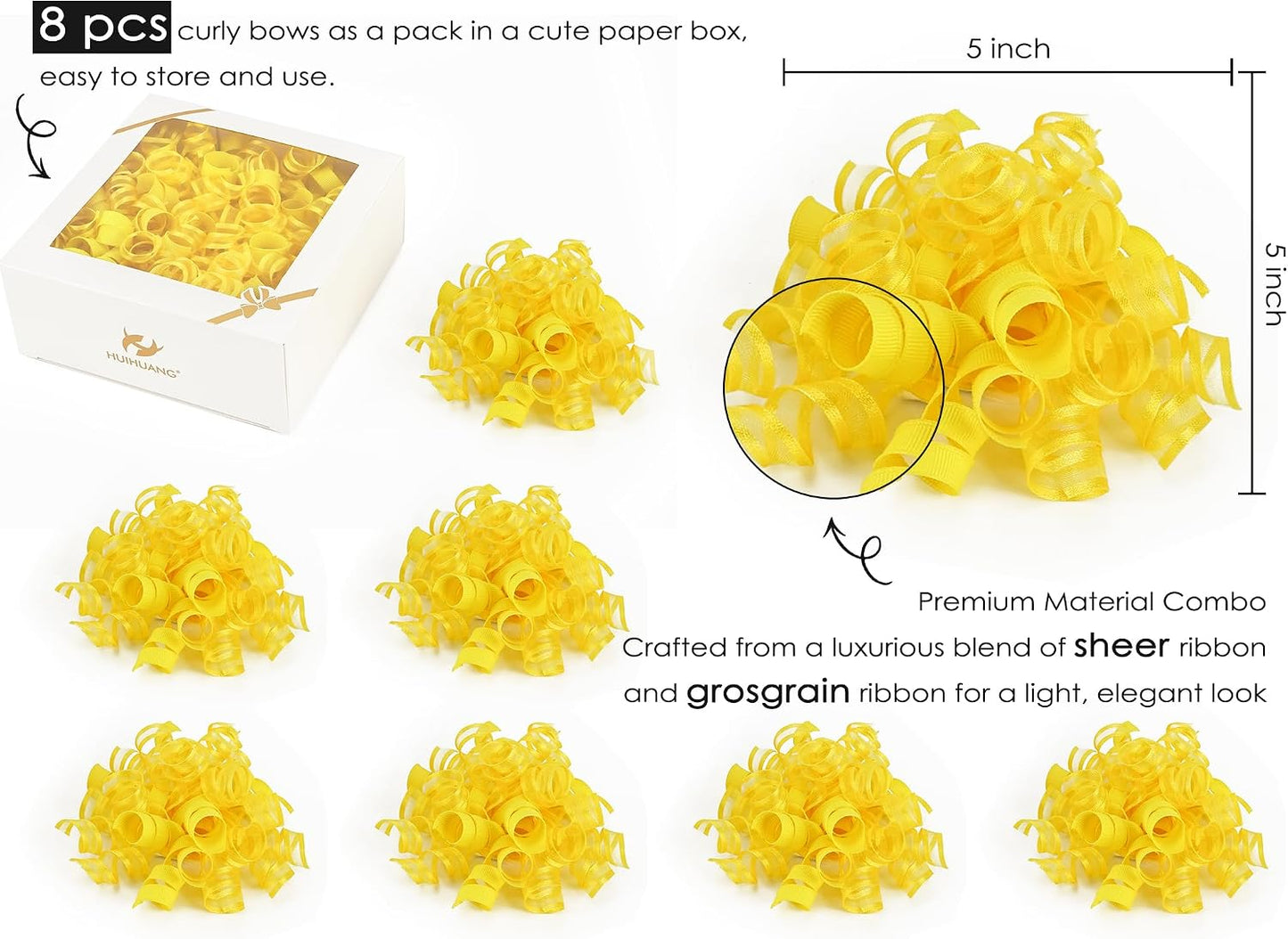 Yellow Present Bows Gift Wrap Accessory Curly Ribbon Gift Bows 5 inch x 8 Counts Stick On Bows for Gift Wrapping, Paper Bag, Birthday Party Favors, Bridal Shower Wedding Decoration