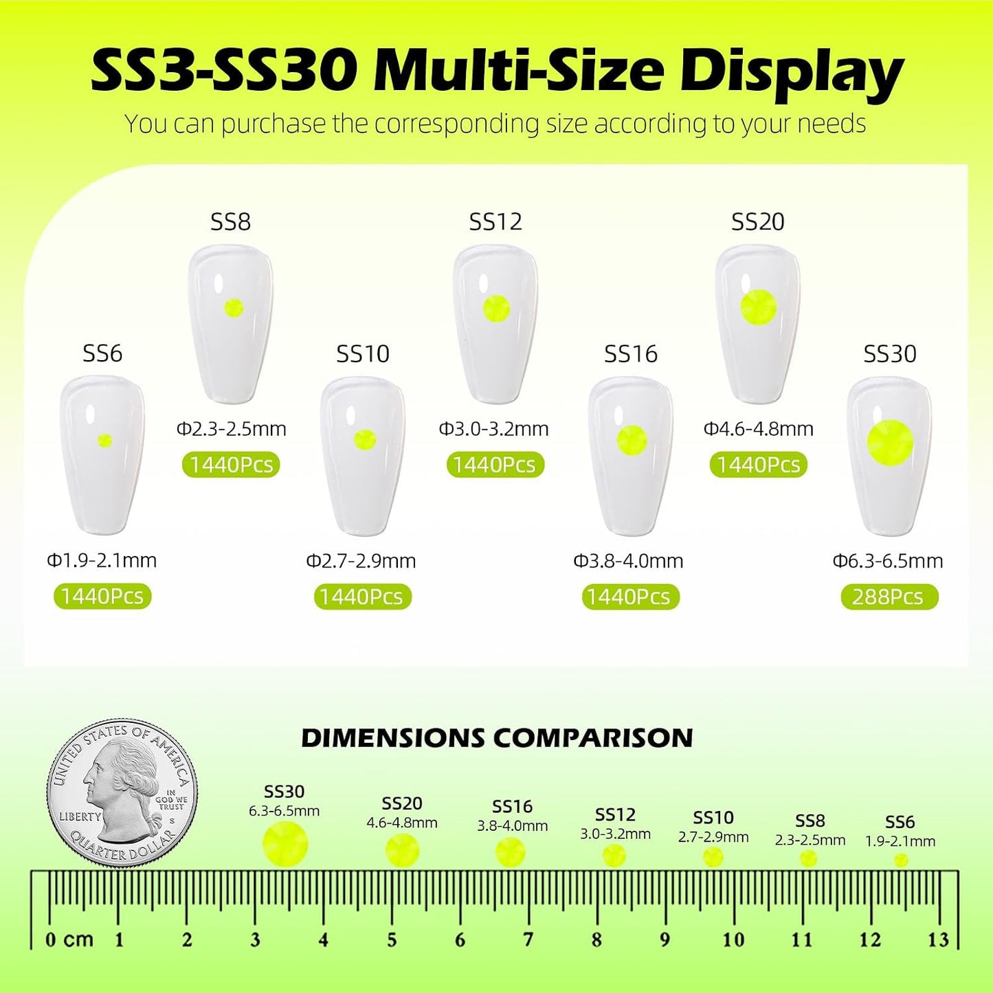 Neon Yellow Flatback Rhinestones, Glass Rhinestones for Nail Art and Craft, Glue Fix, Loose Crystal Gemstones(Neon Yellow, SS16, 1440pcs, 3.8-4.0mm)