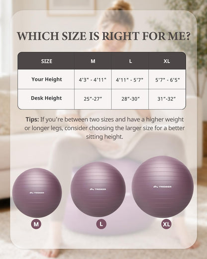 Exercise Ball, Stability Yoga Ball for Physical Therapy, Active Sitting, Pregnancy & Birth Labor Prep, Core Strength, Balance Training, Posture Improvement and Daily Stretching, 55/65/75cm