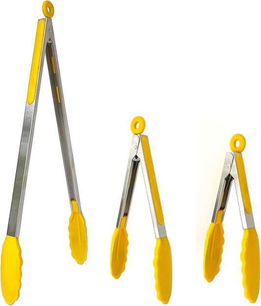 3 pcs Barbecue Tongs Set with Silicone Heads (18''/ 11''/ 9''), Yellow, SUS430 Stainless Steel, Suitable for non-stick Cookware, with Extra Long Handle, for Kitchen, Buffet, Baking
